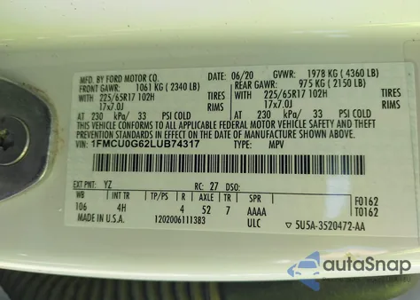 2020 Ford Escape Se from USA, damaged, VIN 1FMCU0G62LUB74317